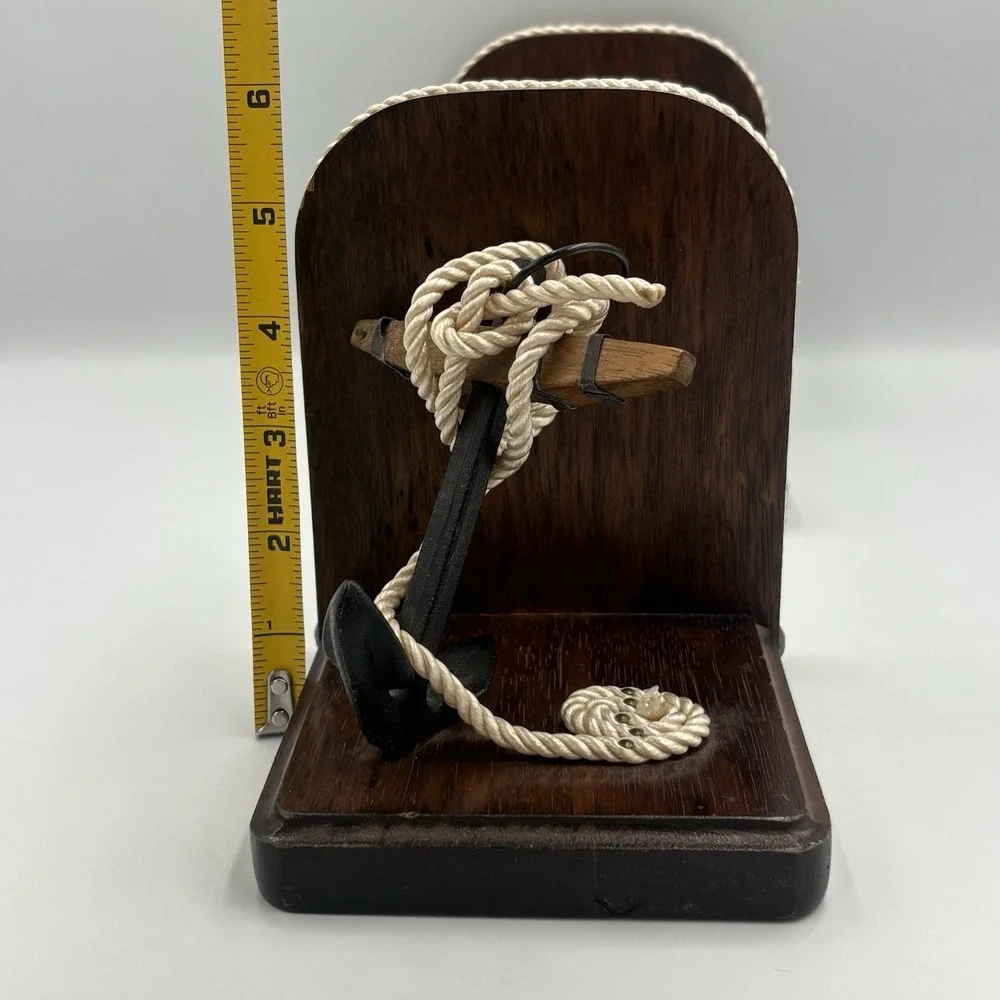 Vintage Nautical Theme‎ Bookends Wood & Rope with Cast Iron Anchors